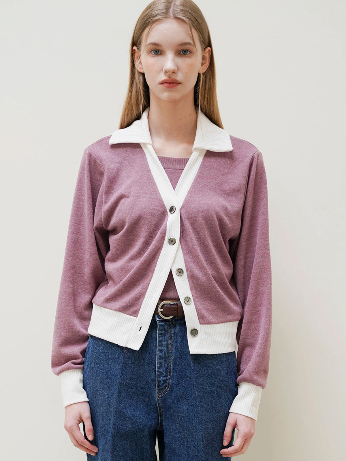레이에(LEIE) [SET] BECKY COLORING COLLAR KNIT CARDIGAN (PINK)