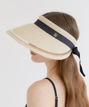 mesh ribbon logo pendant raffia sun visor (C008_ivory)