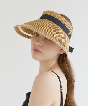 mesh ribbon logo pendant raffia sun visor (C008_beige)