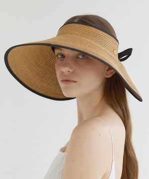 wide ribbon logo pendant raffia sun visor (C010_beige)