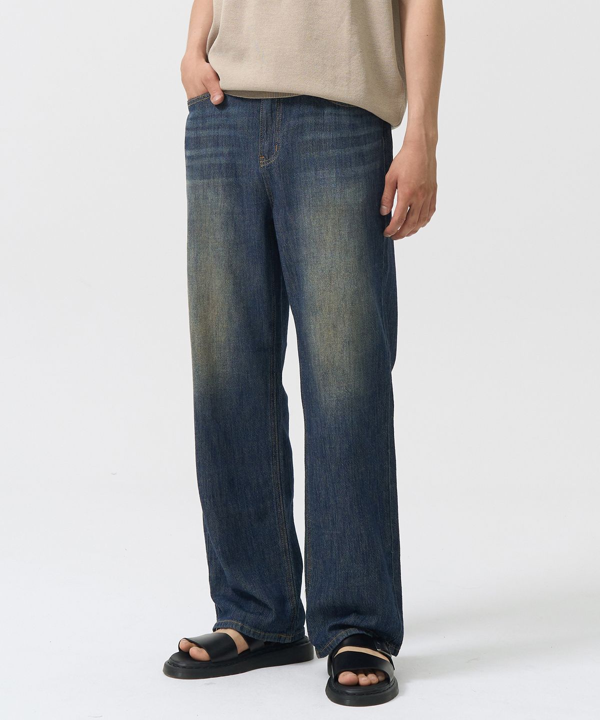 토피(TOFFEE) SL01 섬머 데님 와이드 팬츠 (WASHED DEEP INDIGO)
