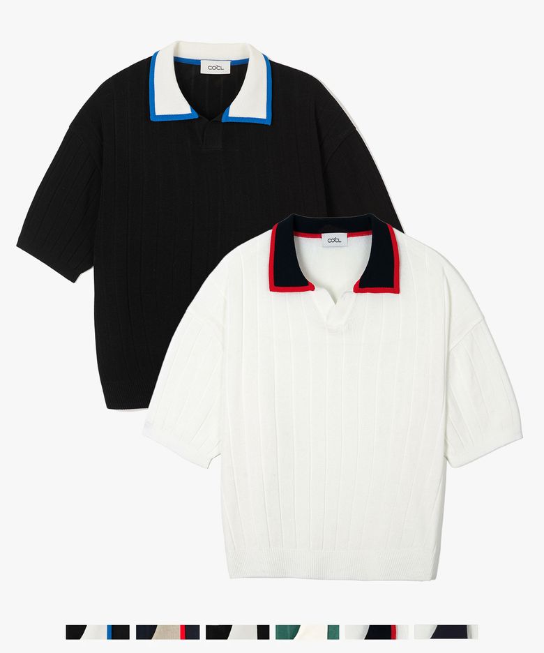 쿨 린넨라이크 리브드 카라 배색 숏 슬리브 니트_6 COLOR COOSKT044