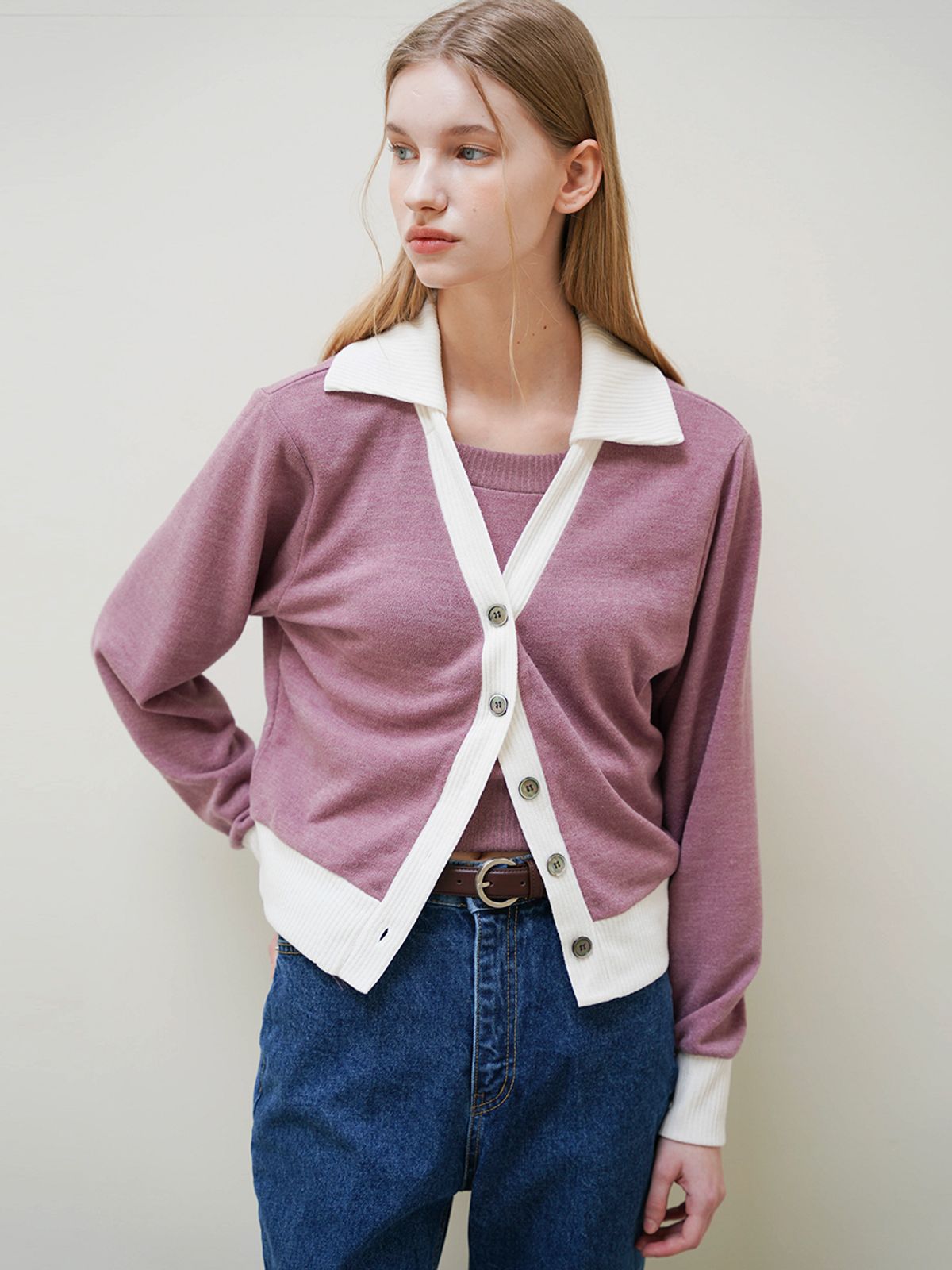 레이에(LEIE) BECKY COLORING COLLAR KNIT CARDIGAN (PINK)