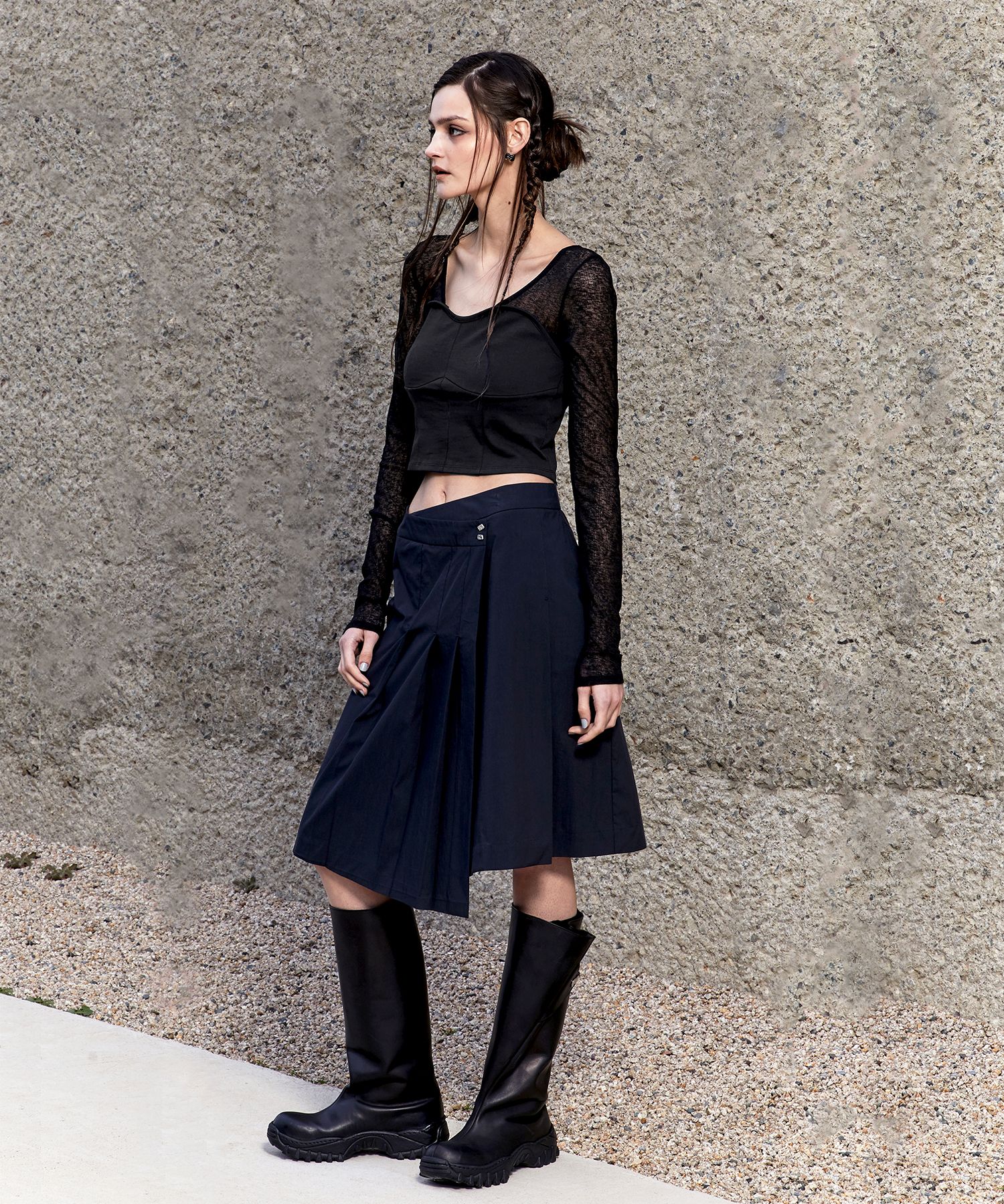 ☆送料・関税込☆WOOALONG★Spin button pleats wrap skirt★ ☆2023SS新作☆WOOALONG☆Spin button pleats wrap skirt