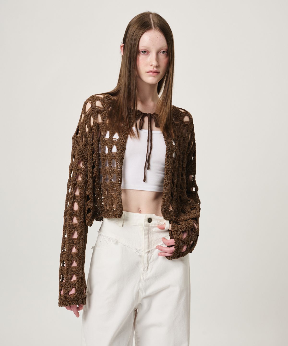 에트몽(ETMON) Tape Yarn Net Cardigan, Brown