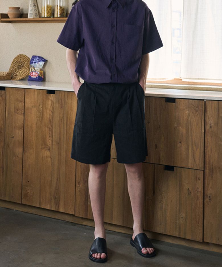 LINEN HALF BANDING BERMUDA PANTS_BLACK_남녀공용