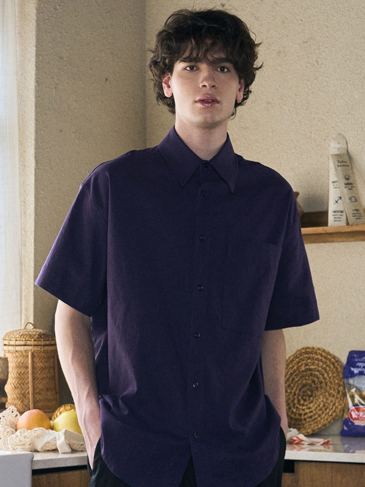 이즈(EASE) LINEN POCKET 1/2 SHIRTS_PURPLE