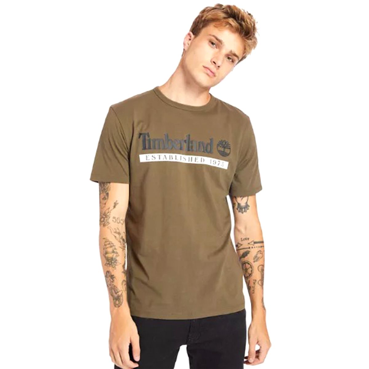 팀버랜드(TIMBERLAND) 클래식 로고 반팔 티셔츠 카키_TB0A2BV6Z331