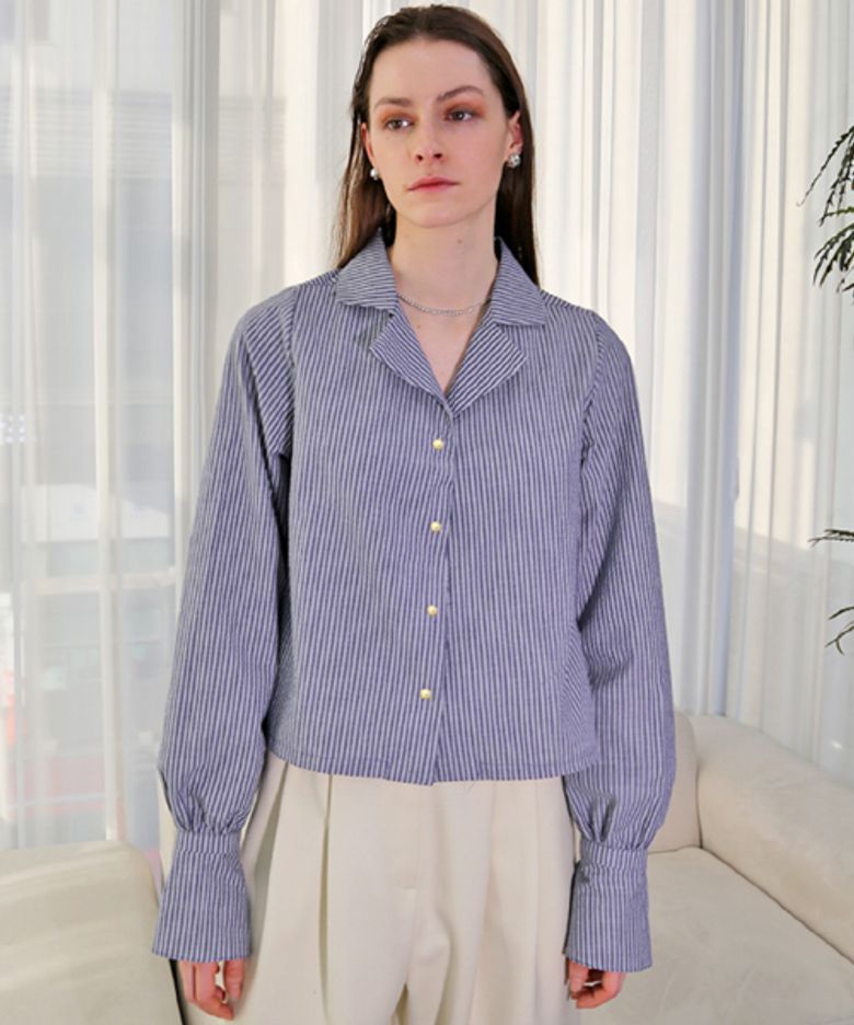 코튼 스트라이프 커프스 네이비 셔츠_ Cotton Stripe Navy Shirt