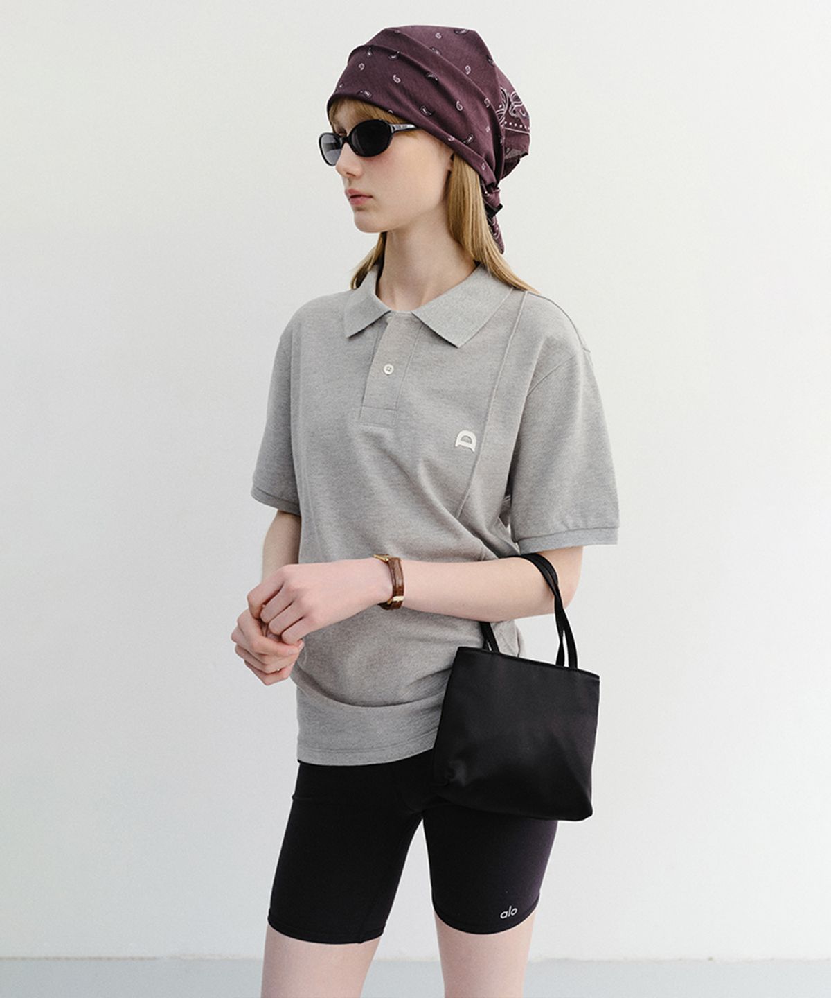 던스트(DUNST) UNISEX LEATHER LOGO POLO SHIRT_UDTS6B122_MELANGE GREY