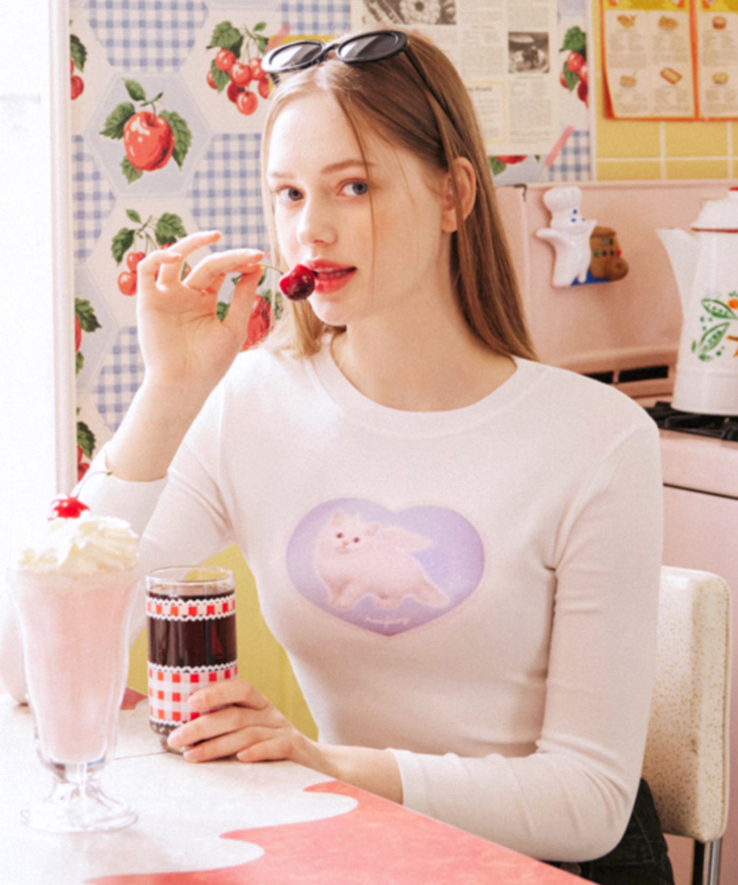 MUSINSA | MOON FAIRY MF LACE HEART CAT LONG SLEEVE TEE-WHITE