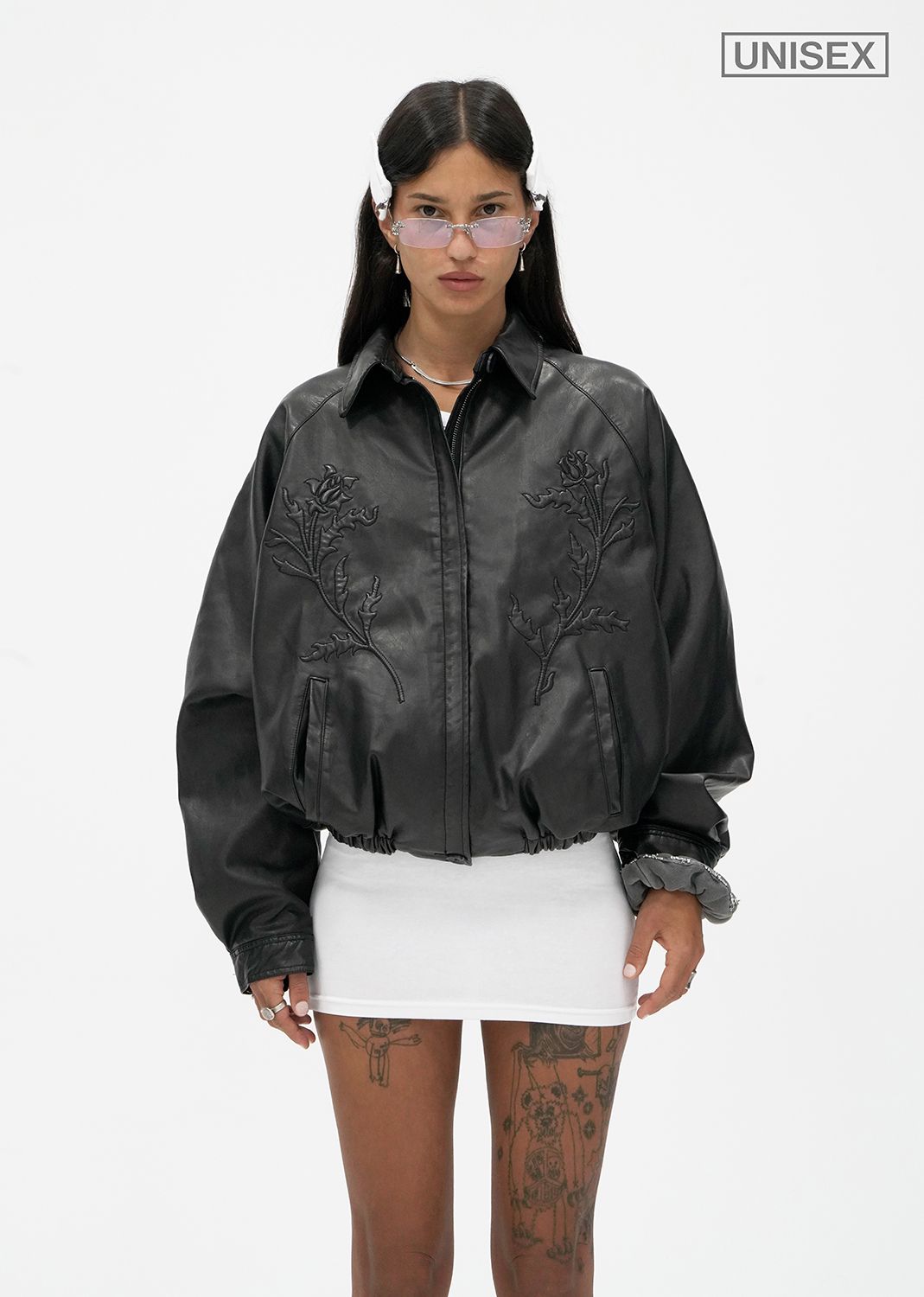 MUSINSA公式 | 604SERVICE ROSES EMBOSSED LEATHER JACKET IN BLACK