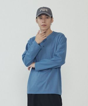 투버튼 헨리넥 무지 긴팔티셔츠 (블루)