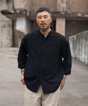 헨리넥 릴렉스핏 린넨 7부 셔츠 블랙