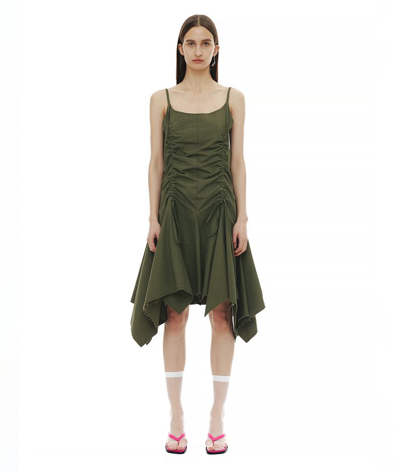 SHIRRING UNBALANCE DRESS / KHAKI