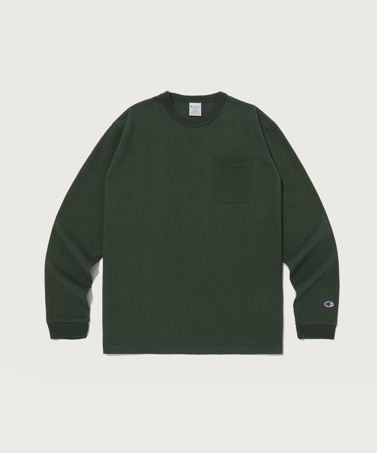 챔피온(CHAMPION) T1011 7oz 포켓 긴팔 티셔츠 Dark Green (Made in USA)
