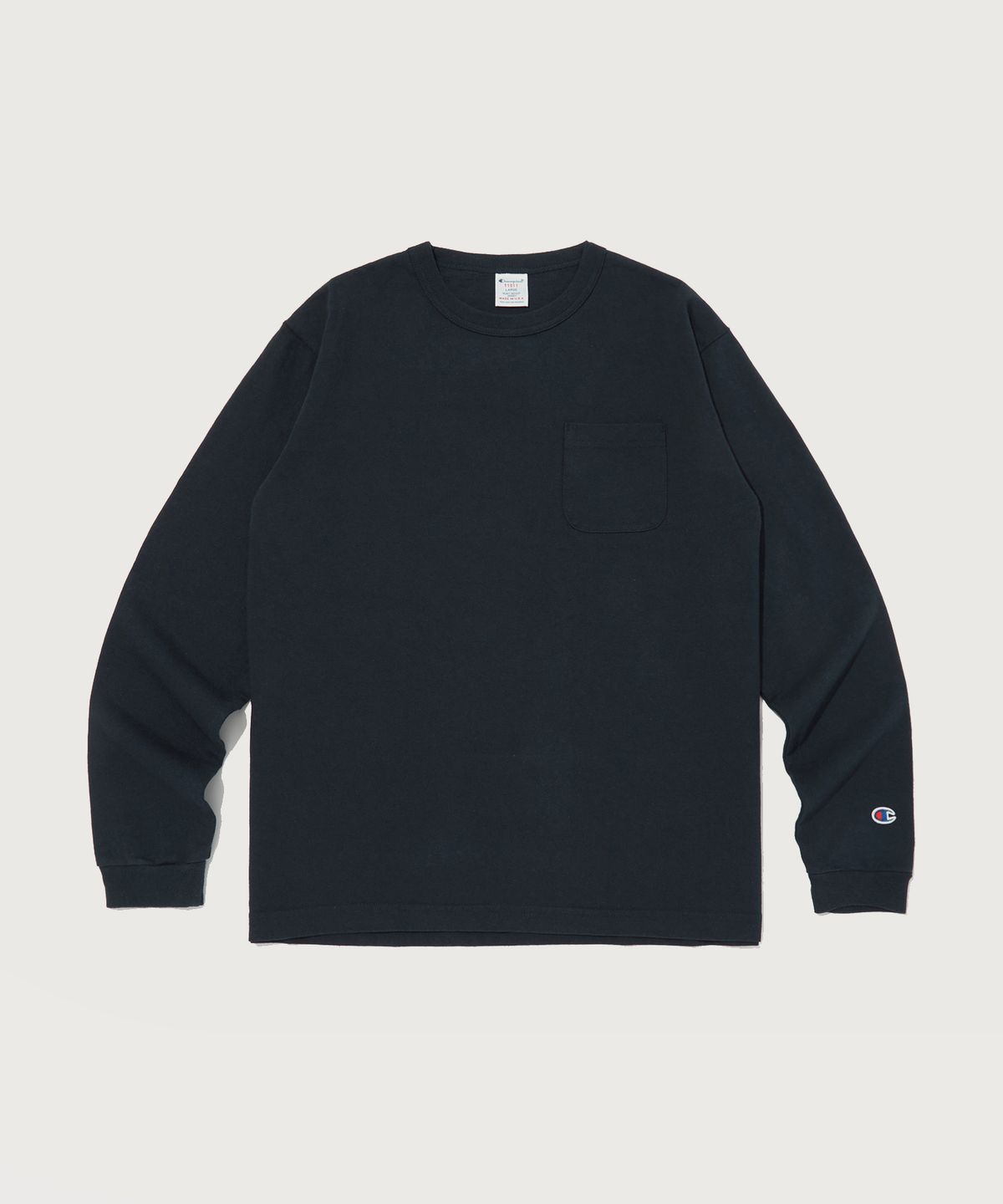 챔피온(CHAMPION) T1011 7oz 포켓 긴팔 티셔츠 Normal Navy (Made in USA)