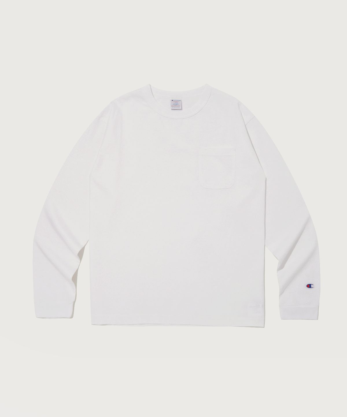챔피온(CHAMPION) T1011 7oz 포켓 긴팔 티셔츠 White (Made in USA)