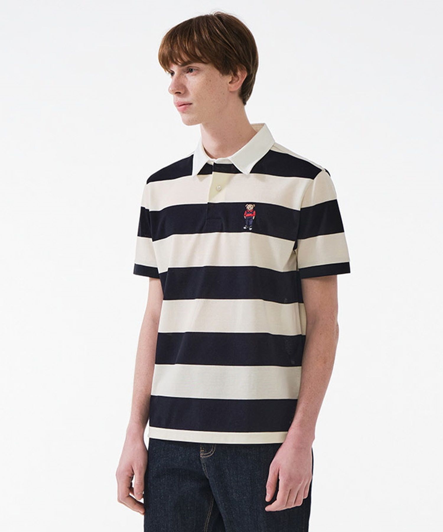 MUSINSA STCO Bear Embroidered Rugby T-shirt (Navy)