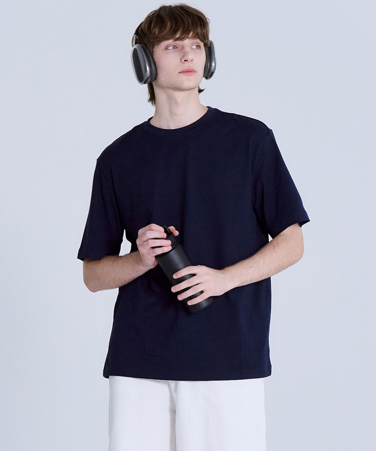 베이직하우스(BASIC HOUSE) 면 16수 오버핏 크루넥 반팔티셔츠 네이비