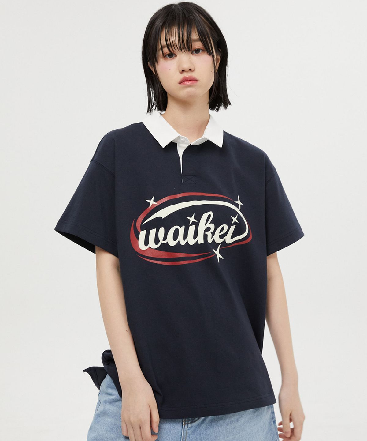 와이케이(WAIKEI) 로고 럭비 카라 반팔티셔츠 네이비