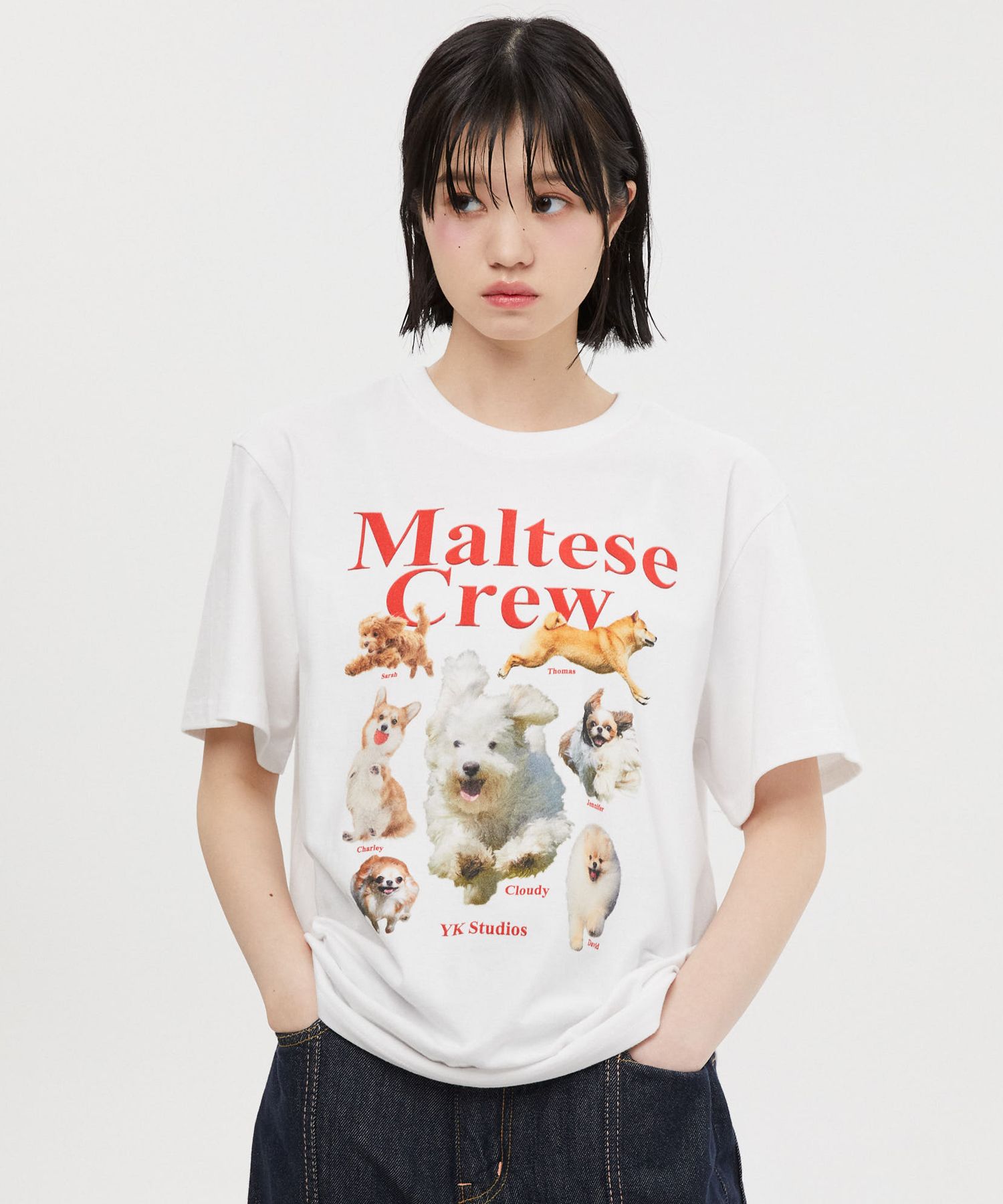 ★WAIKEI★ Maltese Crew Line Graphic Short Sleeve T-Shirt Wh WAIKEI - Maltese crew line graphic half sleeve T-shirt WHITE