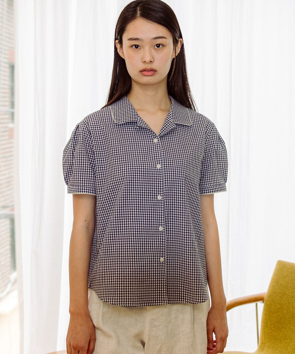 코튼벨(COTTON BELL) 레이스 포인트 체크 셔츠 - Navy Check