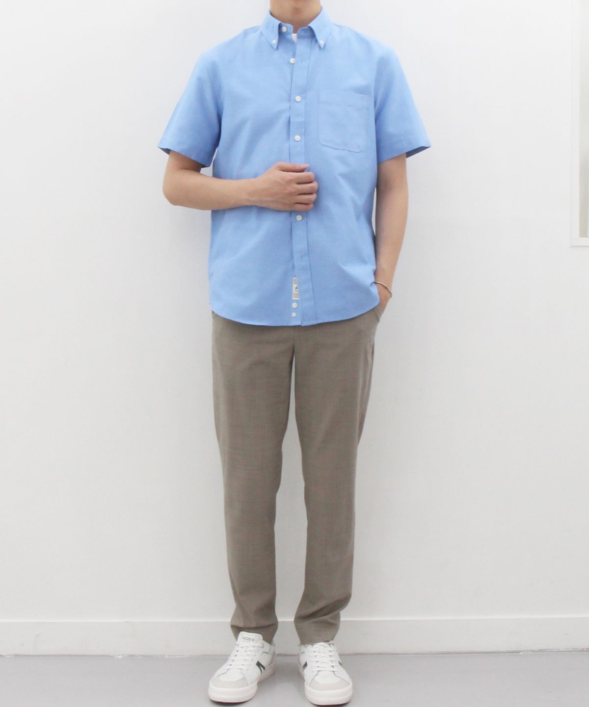 더셔츠스튜디오(THE SHIRTS STUDIO) 블루 반팔 루즈핏 면혼방 옥스포드 버튼다운 셔츠