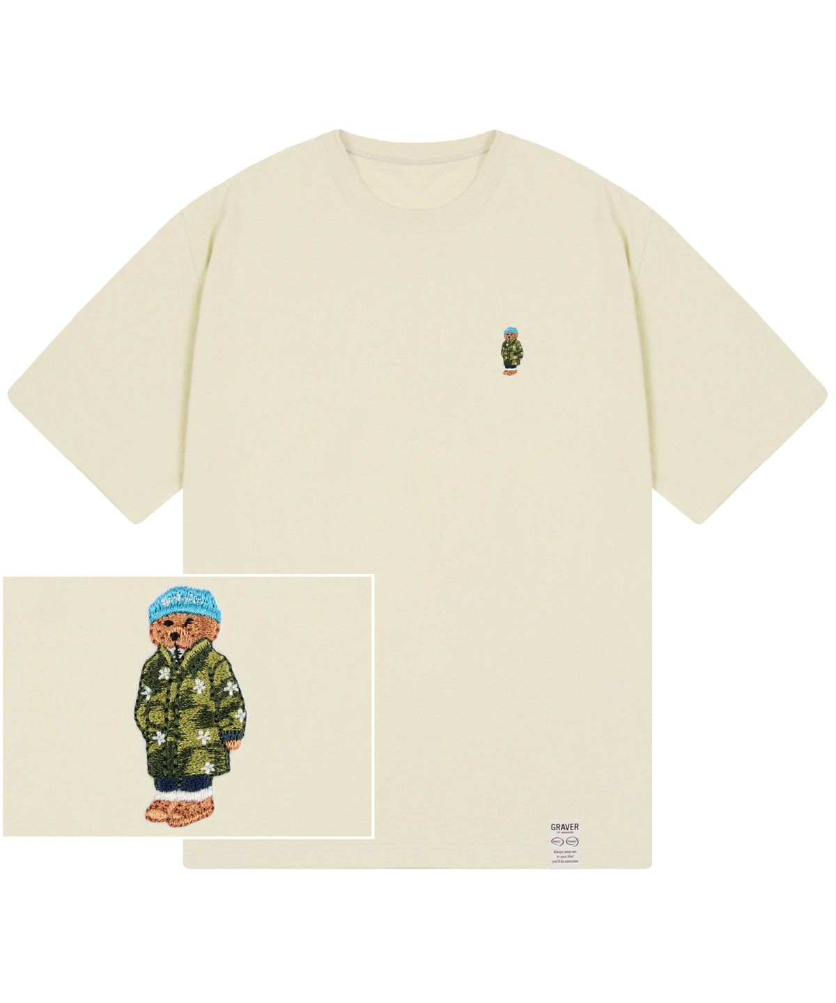 그레이버(GRAVER) [UNISEX]블루 비니 도그 자수 스트리버 반팔티_샌드베이지