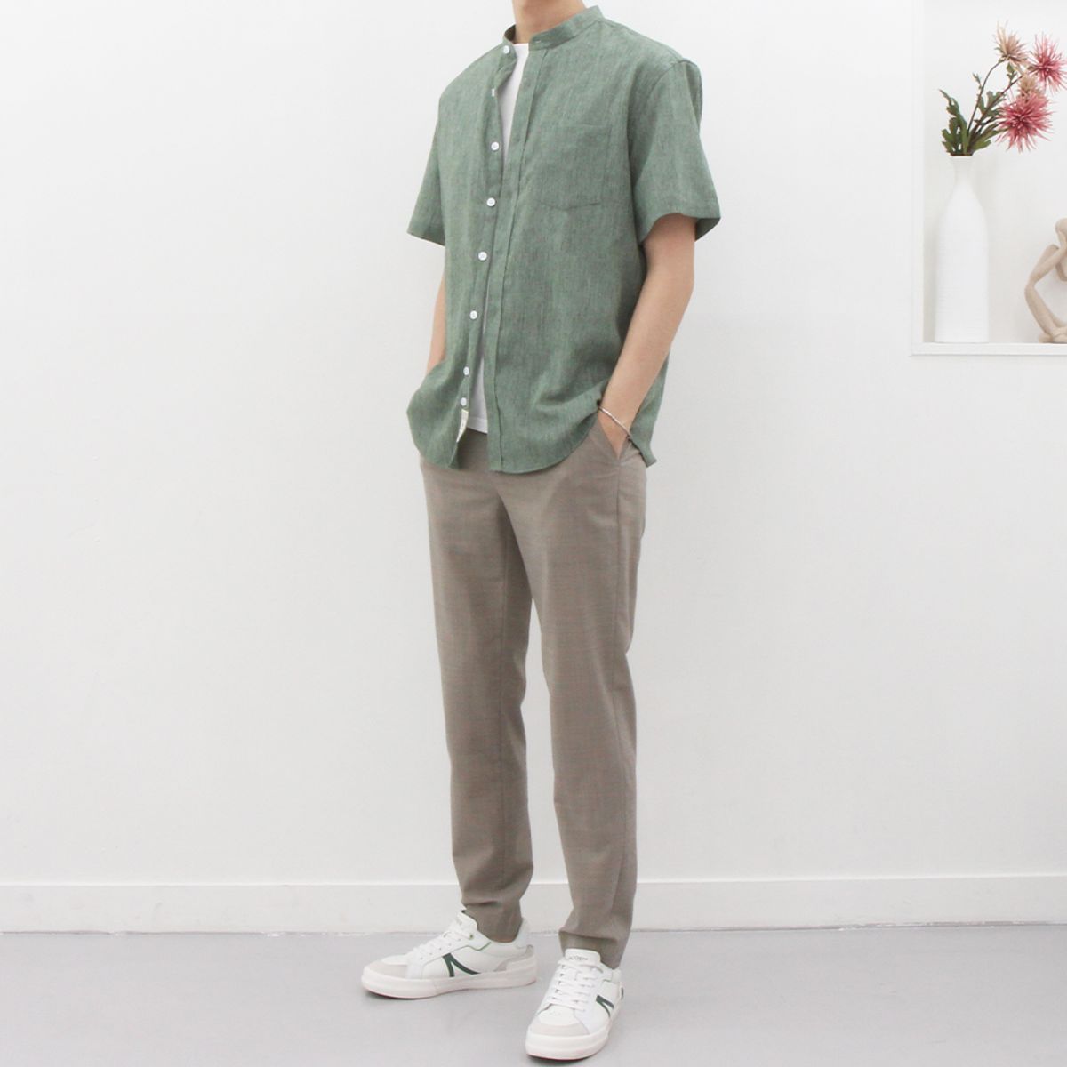 더셔츠스튜디오(THE SHIRTS STUDIO) 그린 반팔루즈핏 린넨혼방 차이나카라셔츠