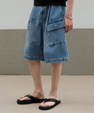 버디 와이드 카고 버뮤다 데님팬츠 [미드블루]