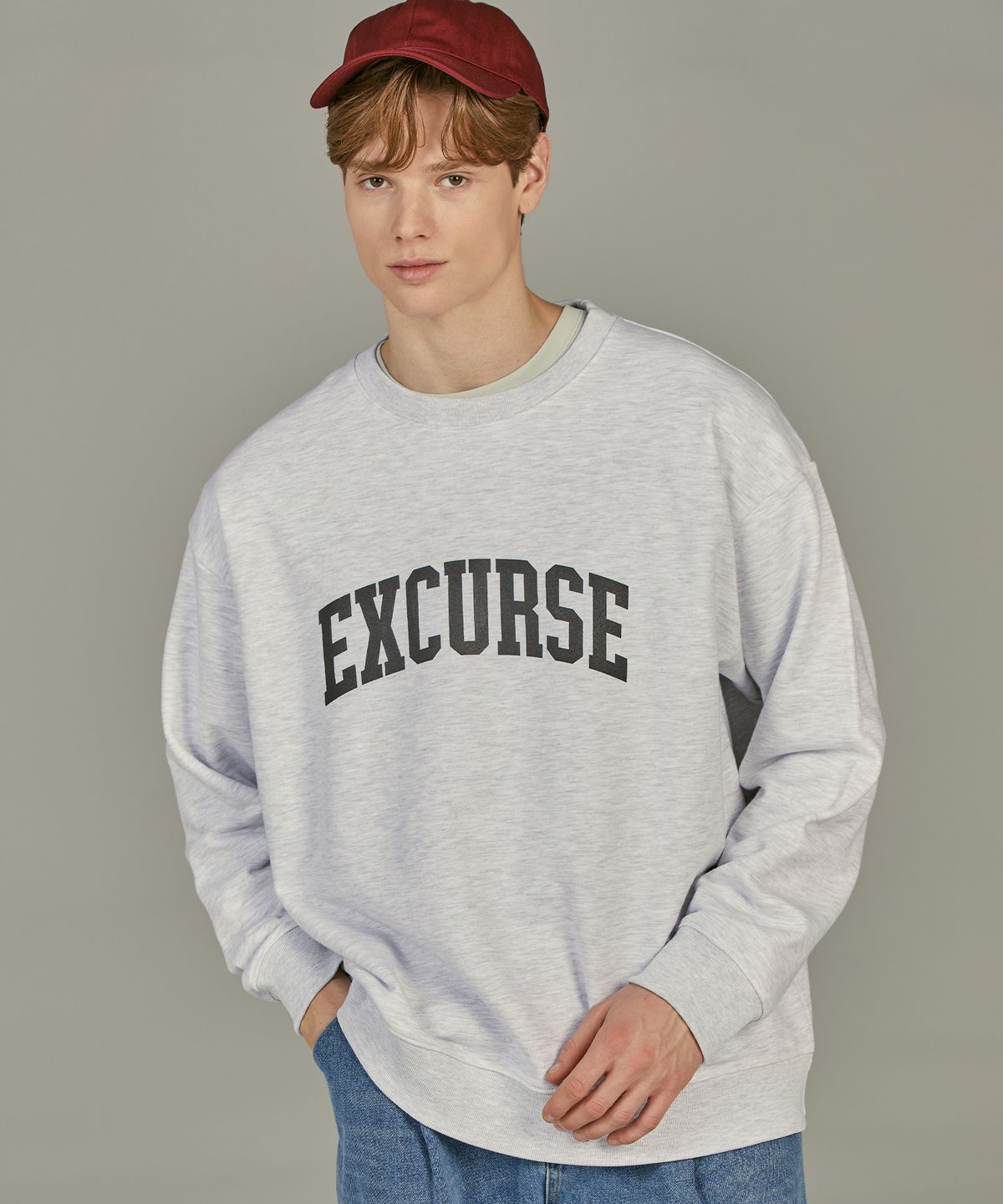 익스커스(EXCURSE) EC 프리미엄 오버핏 아치 로고 스웨트 셔츠 멜란지