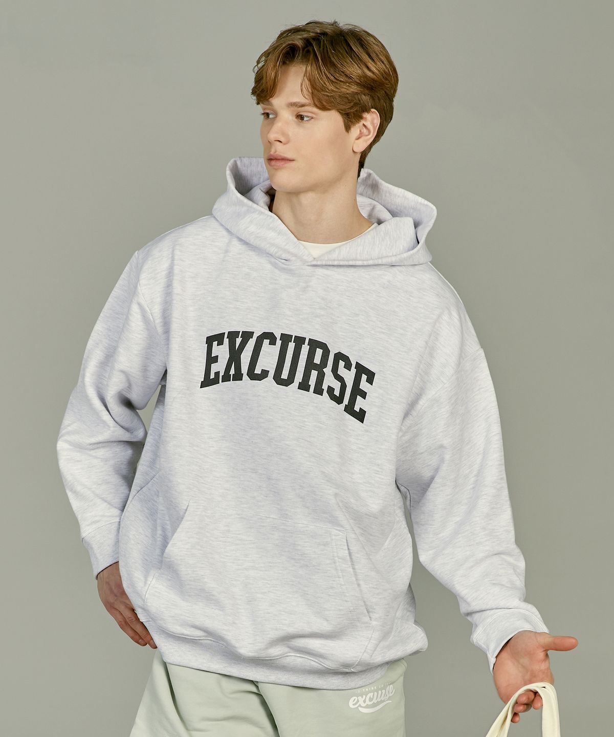 익스커스(EXCURSE) EC 프리미엄 오버핏 아치 로고 후드 스웨트 셔츠 멜란지