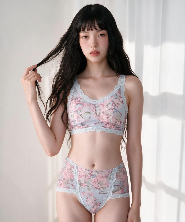 미스티 블루 레이스 노와이어 브라렛세트