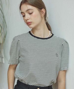 Stripe Puff Sleeve T-shirt - Cream Stripe
