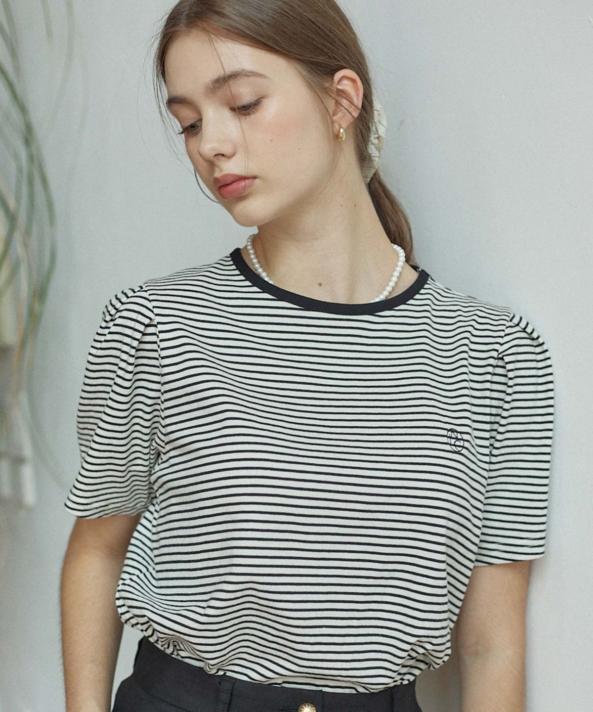 논로컬(NONLOCAL) Stripe Puff Sleeve T-shirt - Cream Stripe