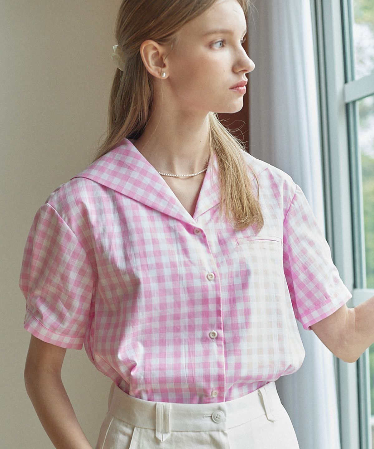 논로컬(NONLOCAL) Gingham Marine Collar Shirt - Pink