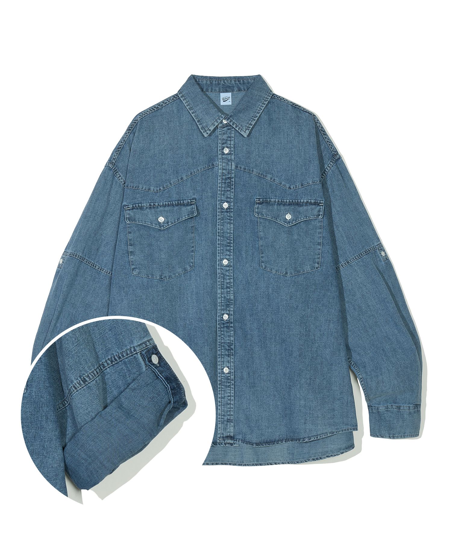 MUSINSA | PARTIMENTO Stone Wash Denim Western Roll Up Shirt Blue