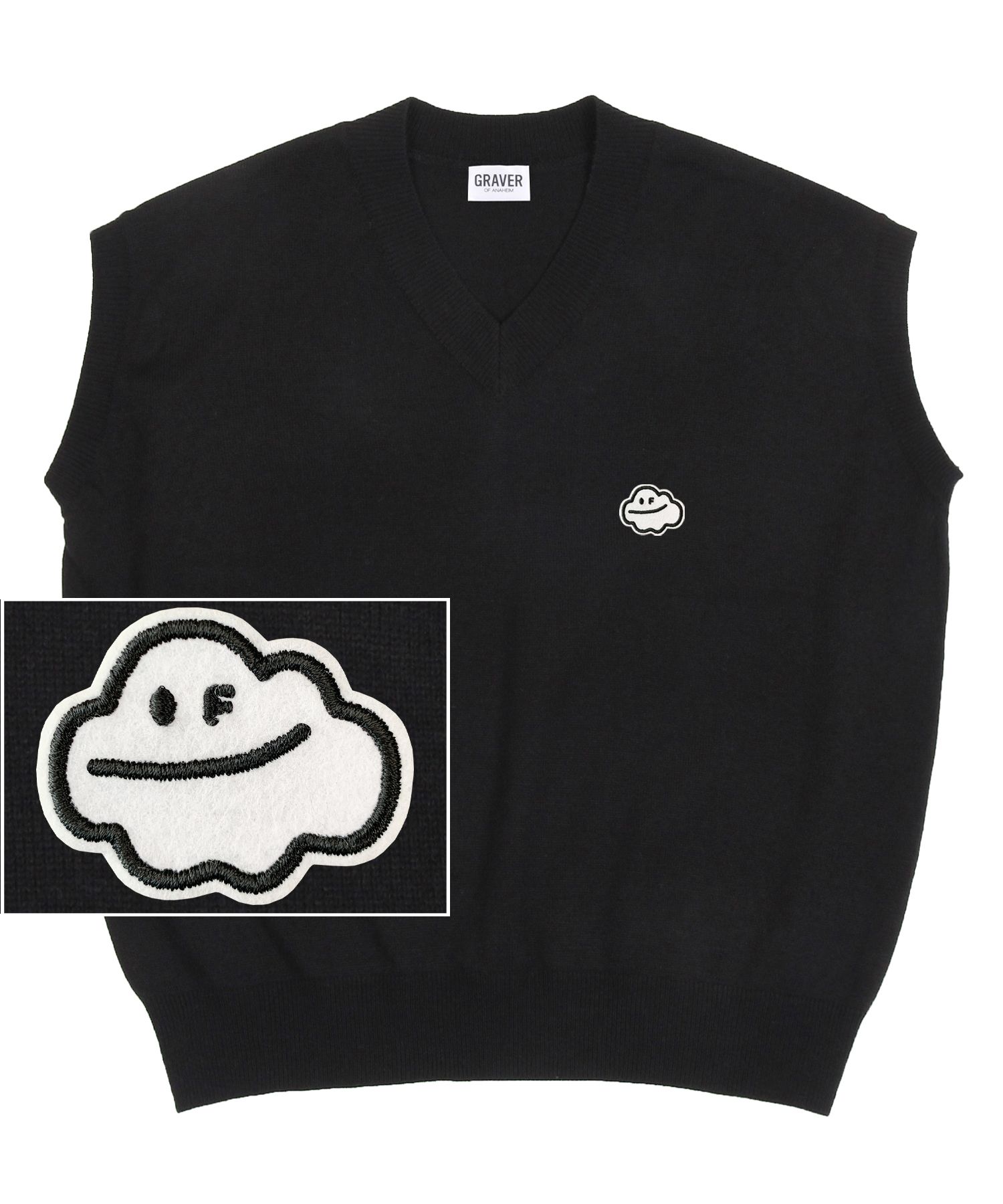 【GRAVER】23SS★ Cloud Smile Embroidery Knit Vest MUSINSA | GRAVER [UNISEX] Cloud Smile Embroidery Knit Vest_Black