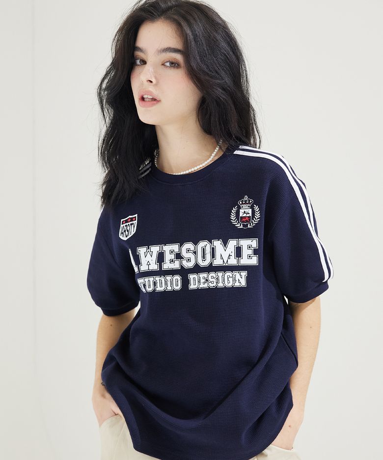 라인 배색 유니폼 반팔티 다크네이비