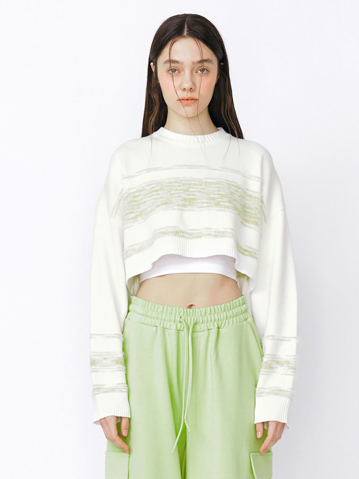 민더리(MEENDERI) MIXED STRIPE KNIT TOP - GREEN