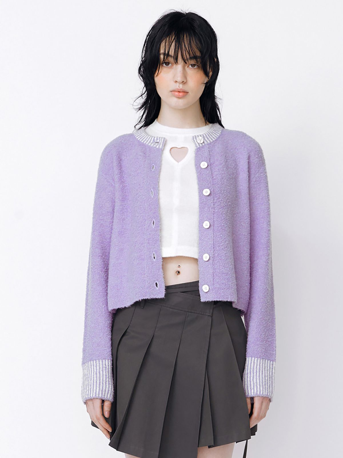 민더리(MEENDERI) BOUCLE KNIT CARDIGAN - PURPLE