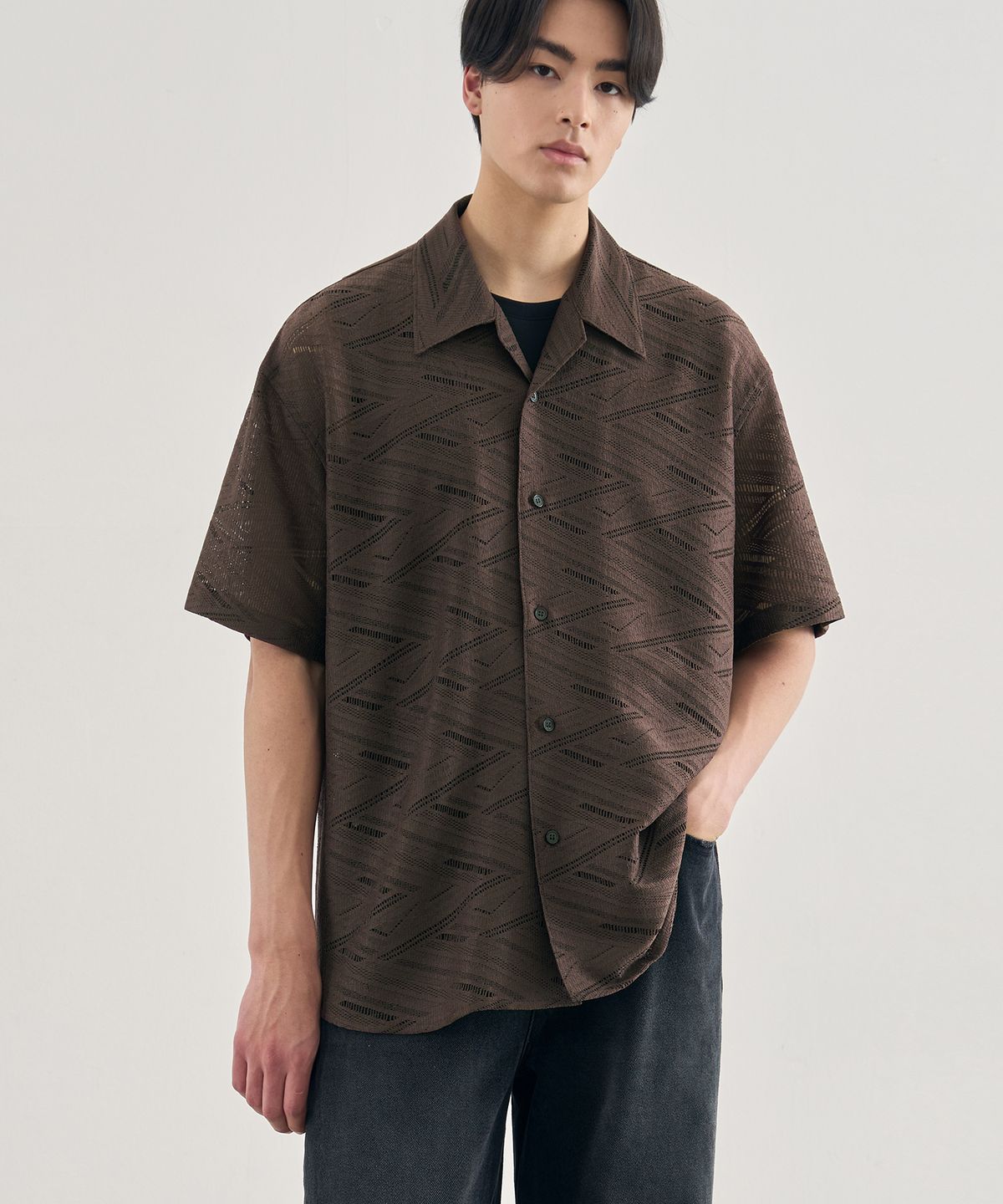 드로우핏(DRAW FIT) 스칼렙 오픈카라 반팔 셔츠 [BROWN]