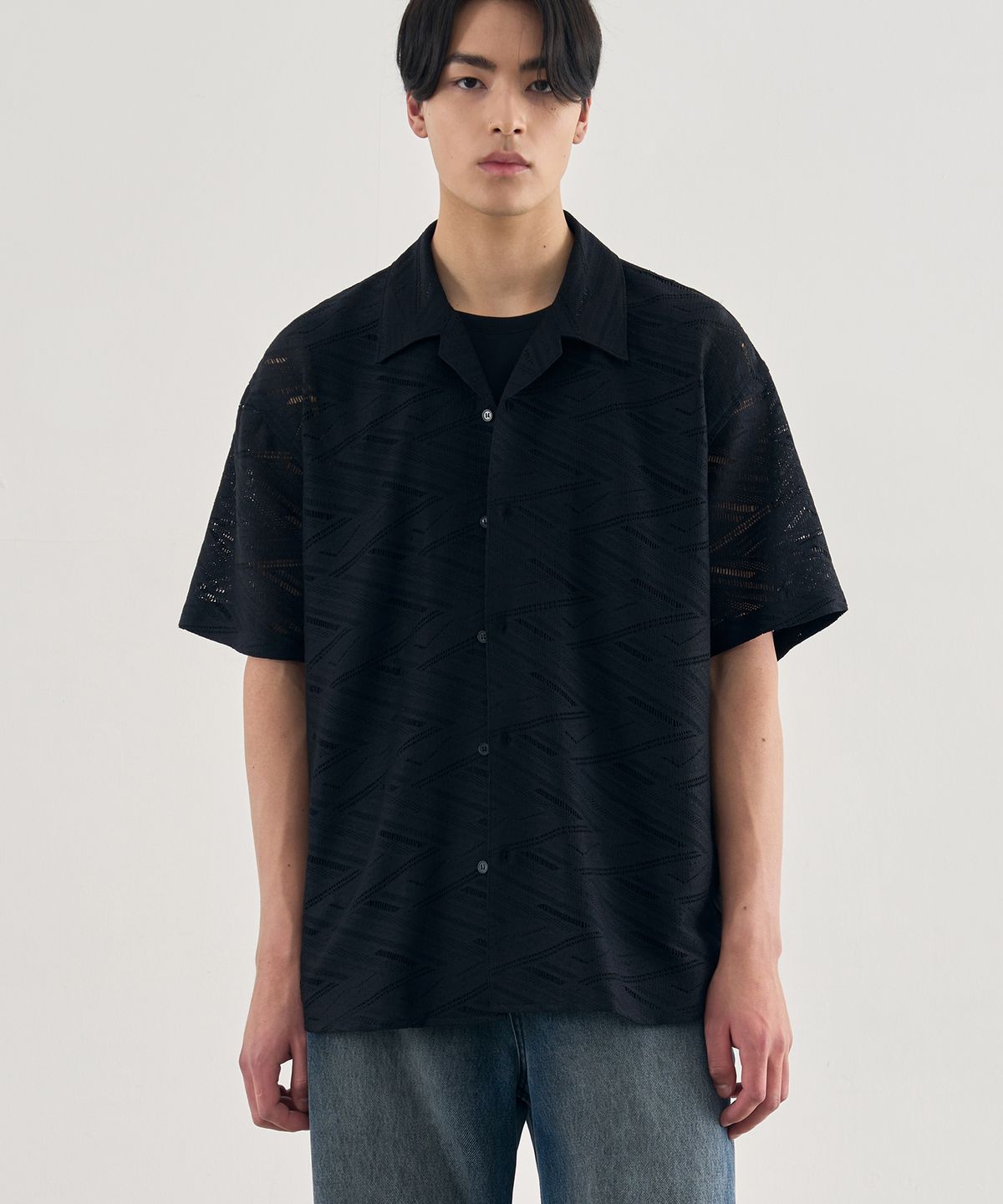 드로우핏(DRAW FIT) 스칼렙 오픈카라 반팔 셔츠 [BLACK]