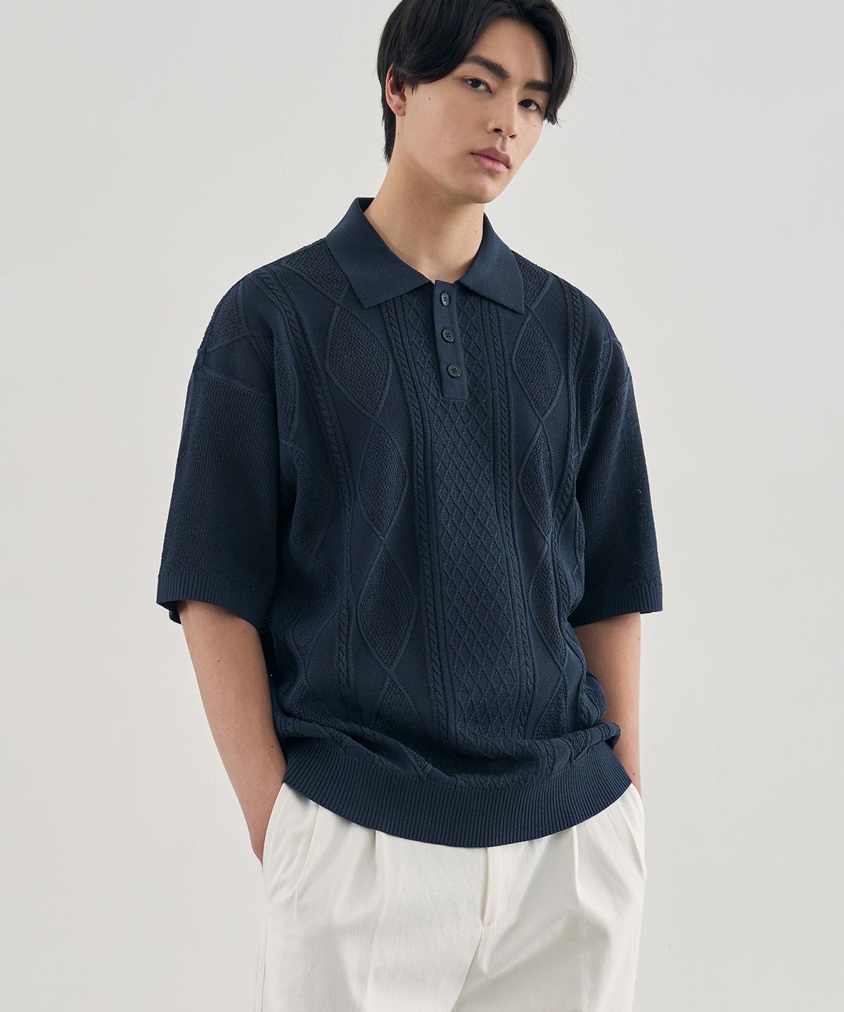 드로우핏(DRAW FIT) 쿨링 케이블 반팔 카라 니트 [NAVY]