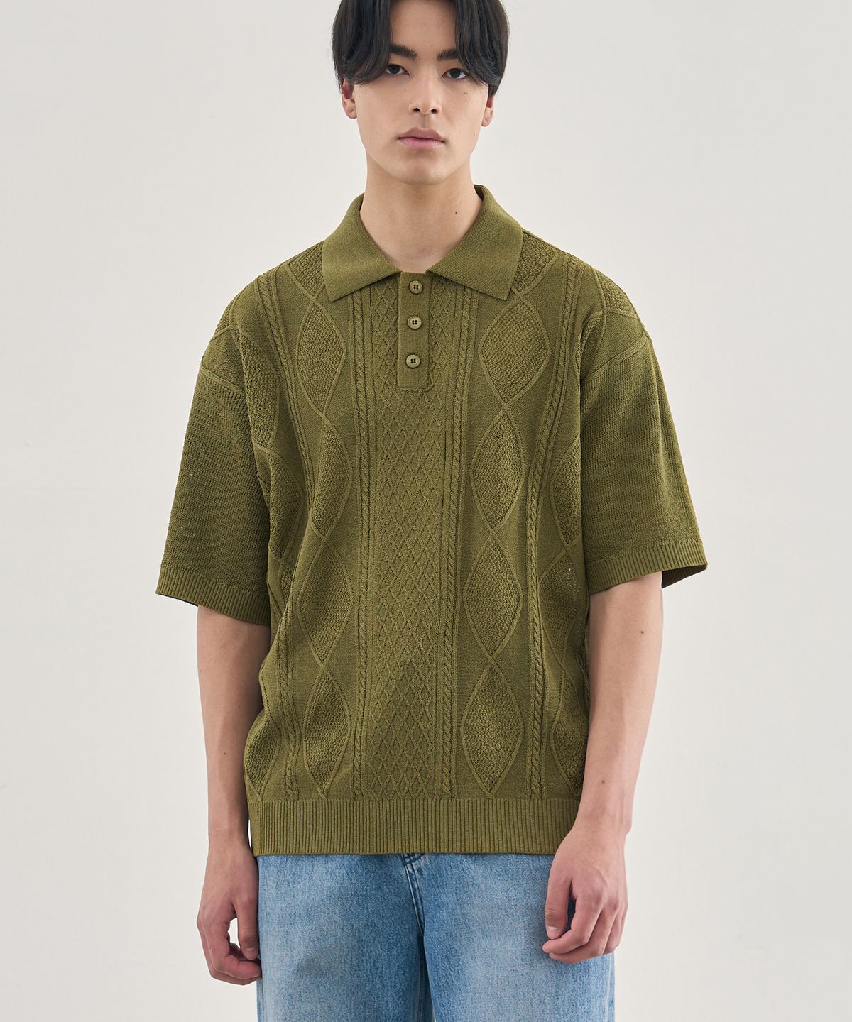 드로우핏(DRAW FIT) 쿨링 케이블 반팔 카라 니트 [OLIVE]
