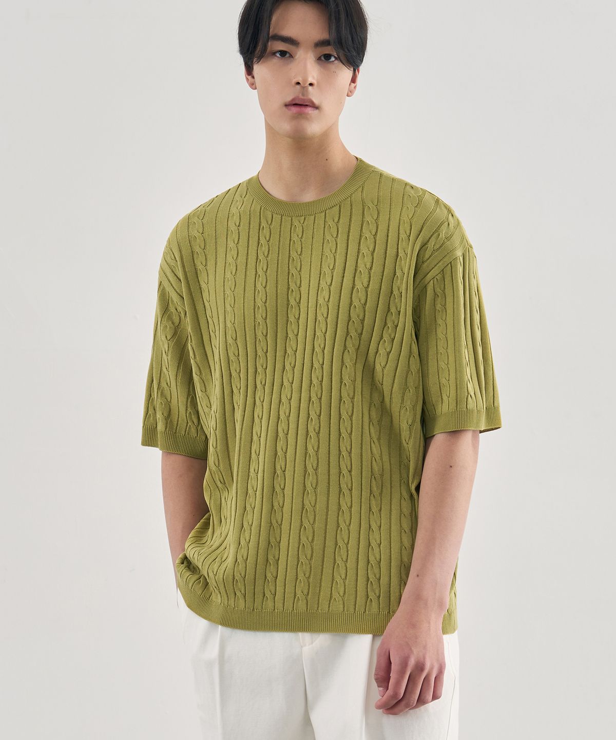 드로우핏(DRAW FIT) 케이블 반팔 라운드 니트 [OLIVE]
