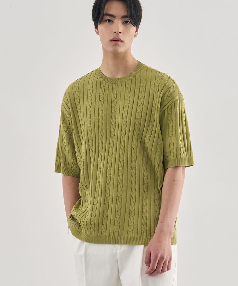 케이블 반팔 라운드 니트 [OLIVE]