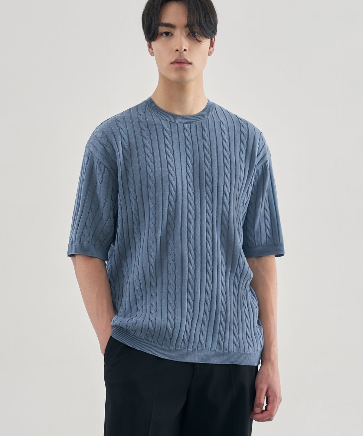 드로우핏(DRAW FIT) 케이블 반팔 라운드 니트 [DUTCH BLUE]