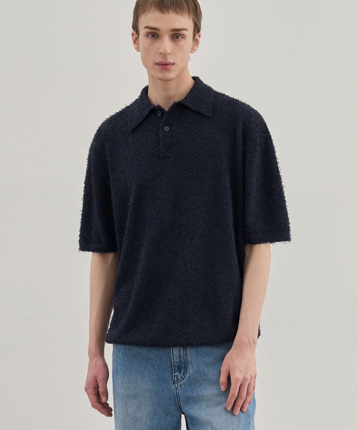 드로우핏(DRAW FIT) 프린지 카라 반팔 니트 [NAVY]